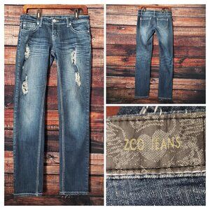 ZCO Jeans Size 9 Distressed Low Rise Rhinestone Skinny Dark Wash Denim Y2K